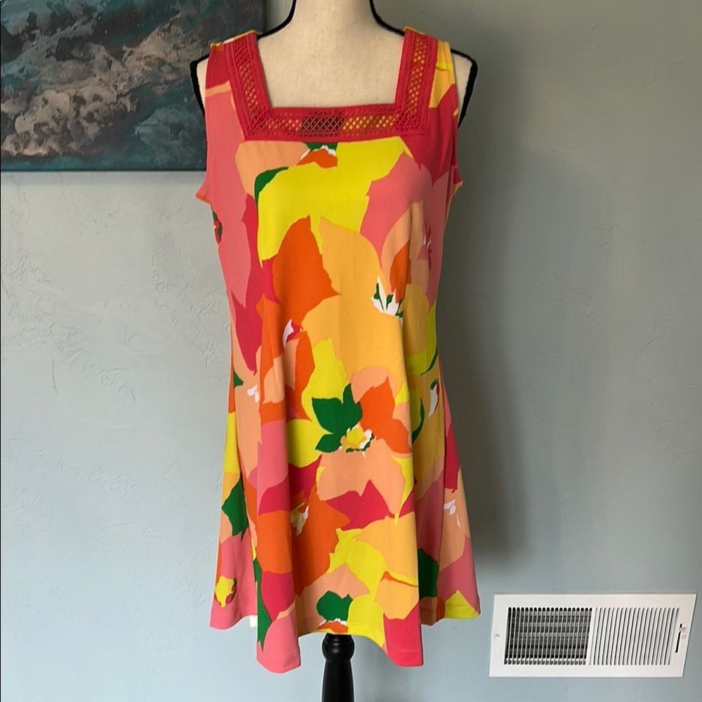 Isaac Mizrahi Live! petite printed pebble knit square neck orange floral - Picture 1 of 8
